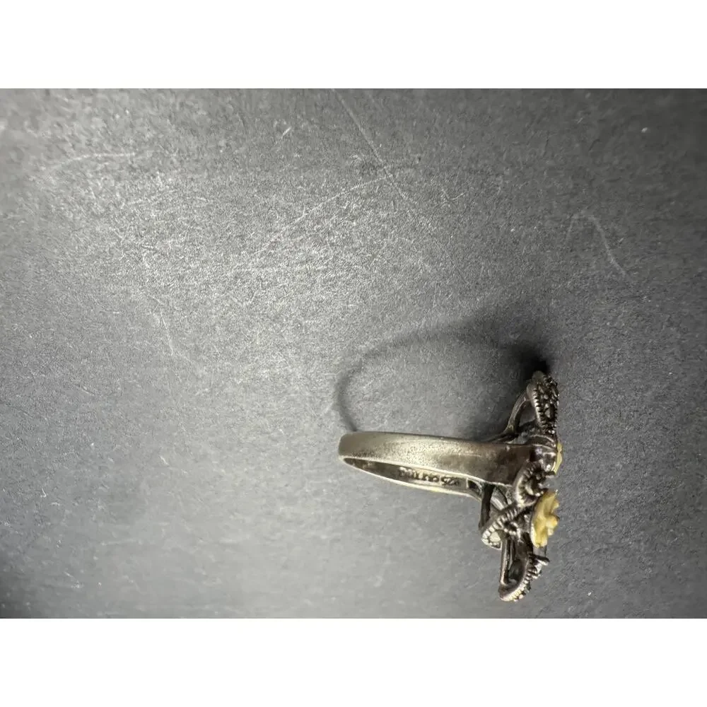 Vintage CFJ Thai Mother Of Pearl Marcasite CZ Sterling Silver 925 Ring Size 7.5